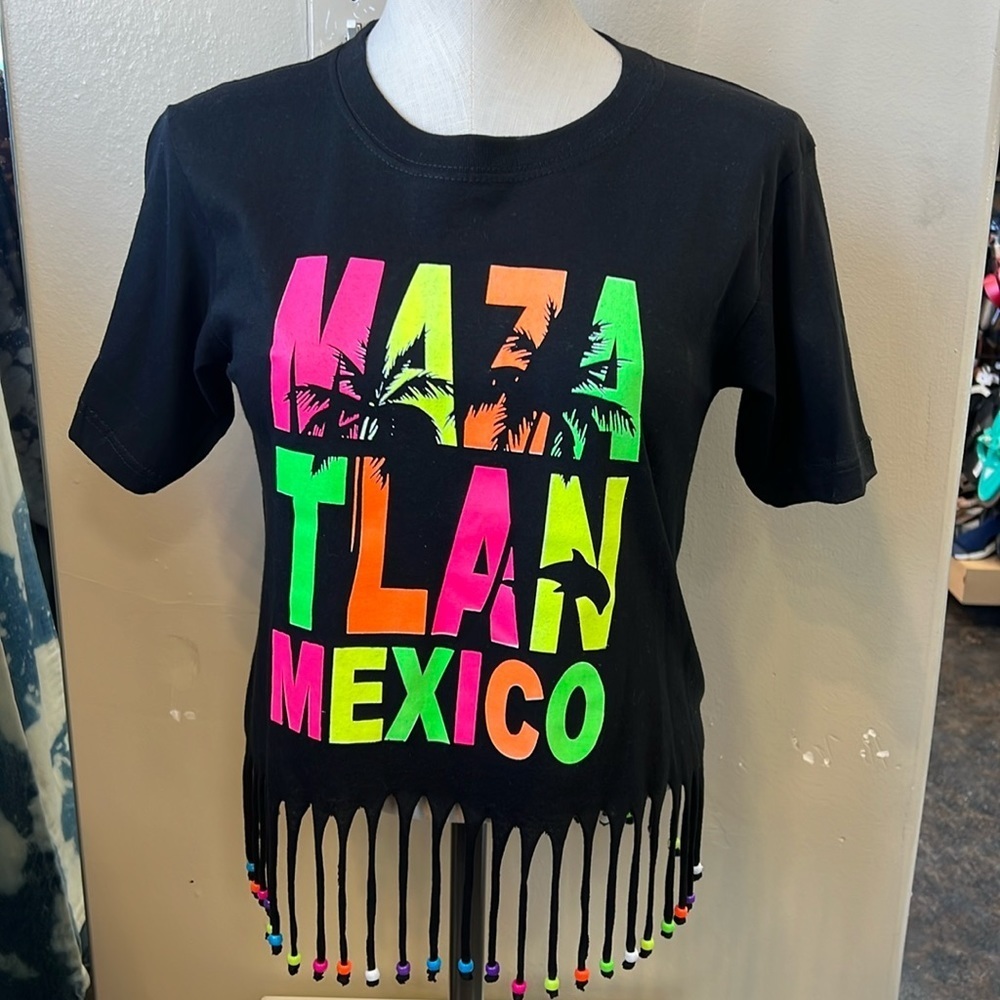 Mazatlan Mexico Graphic Tee Beaded Fringe Hem Black T Shirt Small